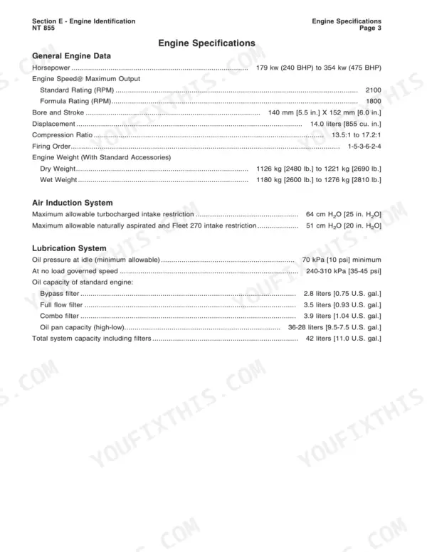 Cummins Big Cam engine specifications table for general data, air induction, and lubrication.