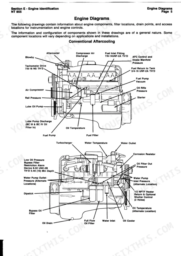 Cummins Big Cam engine diagrams showing conventional aftercooling and component locations.