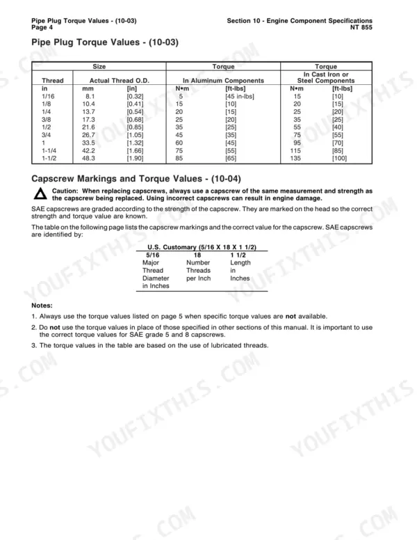 Cummins Big Cam pipe plug torque values table and capscrew identification guide.