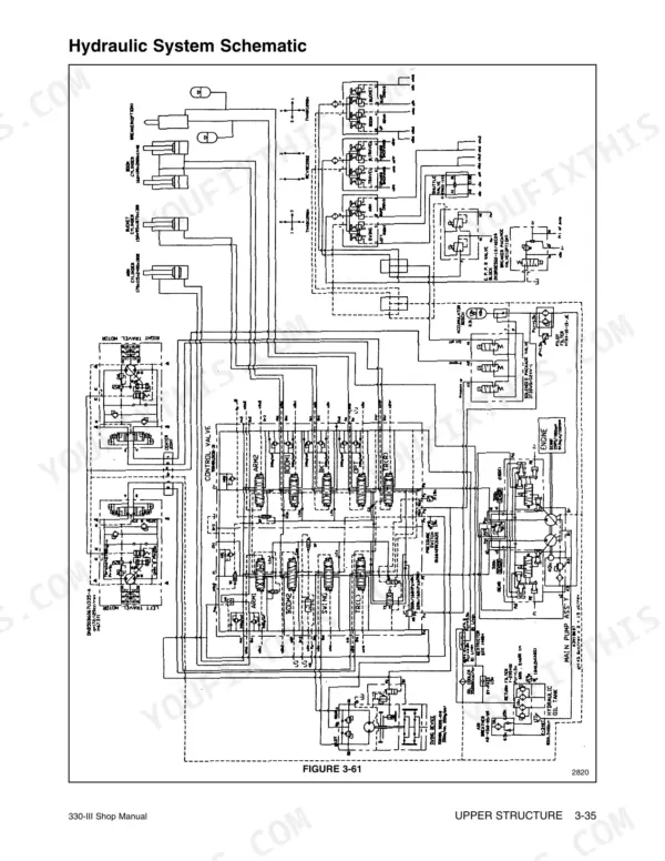 Daewoo 330-III hydraulic system schematic showing main pump, control valve, cylinders, and travel motors.
