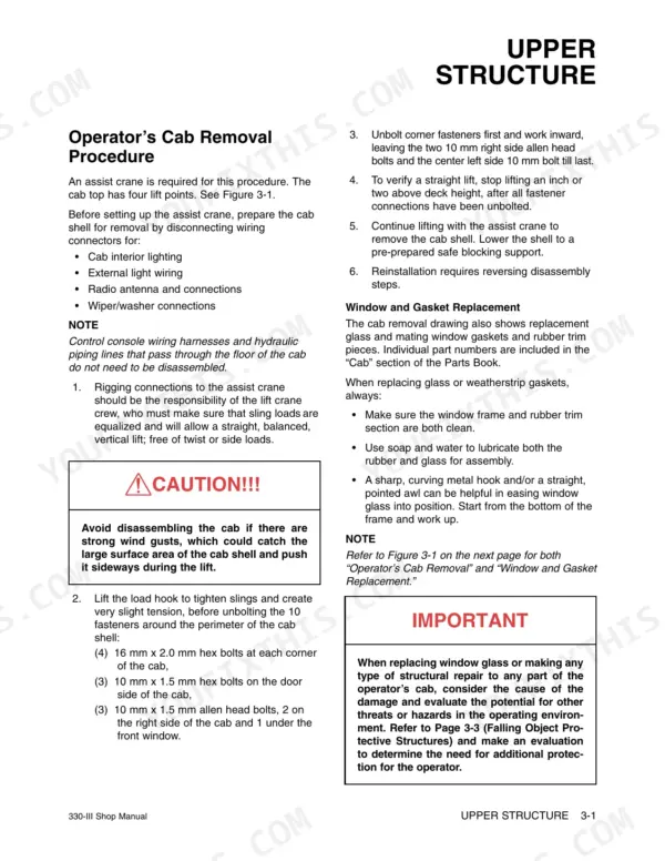 Daewoo 330-III operator cab removal procedure and window gasket replacement instructions for upper structure.