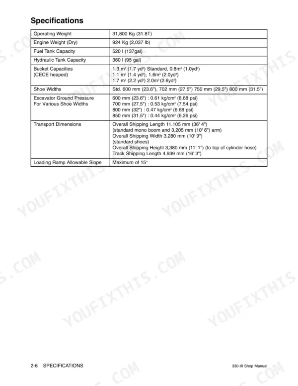 Daewoo 330-III specifications table showing weights, bucket capacities, ground pressure, and transport dimensions.