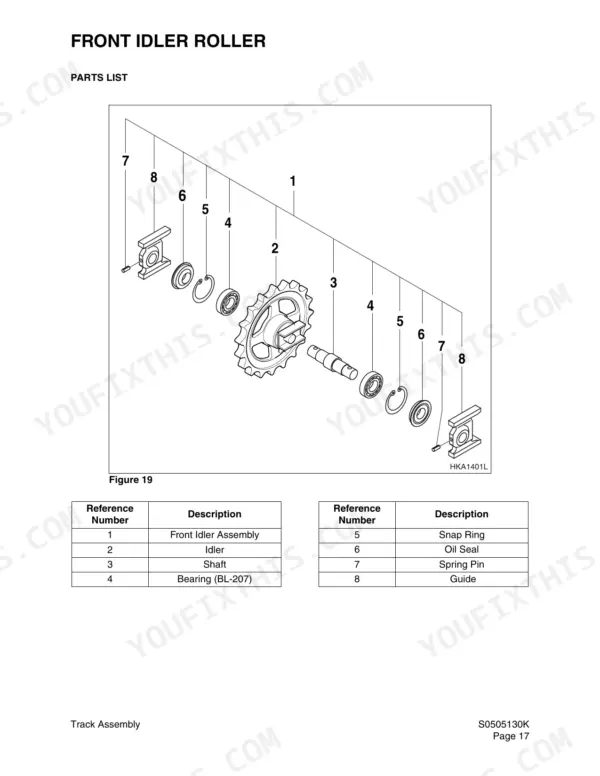 Daewoo Solar 015 PLUS front idler roller exploded view diagram and parts list with reference numbers for assembly components.