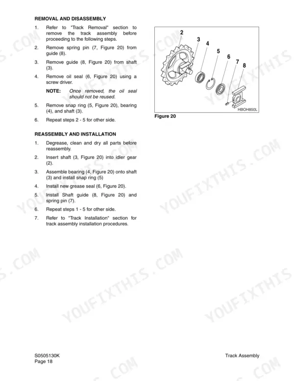 Daewoo Solar 015 PLUS idler gear removal, disassembly, and reassembly procedures with exploded view diagram.