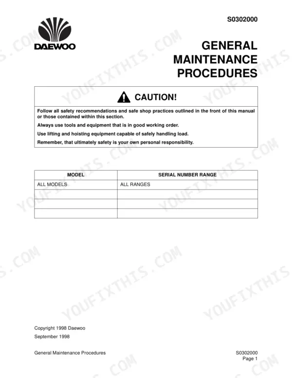 Daewoo Solar 130LC-V general maintenance procedures page with safety caution and model serial number range table.