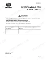 daewoo-solar-130lc-v-track-excavator-shop-manual-2023-7117e-specs-37.webp Daewoo Solar 130LC-V specifications page with safety caution and serial number range table 0001 and up.