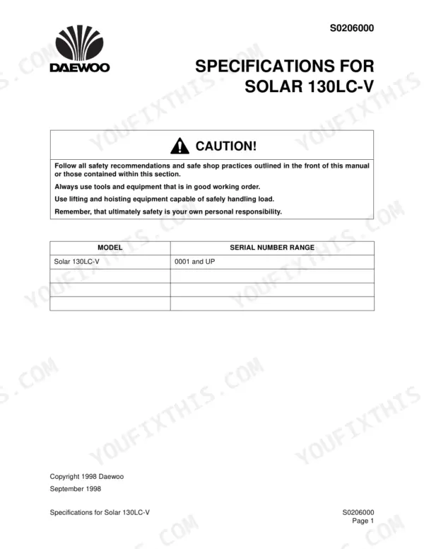 Daewoo Solar 130LC-V specifications page with safety caution and serial number range table 0001 and up.