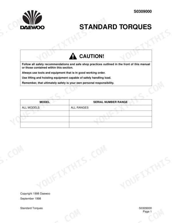 Daewoo Solar 130LC-V standard torques manual page with safety caution and model serial number range table.