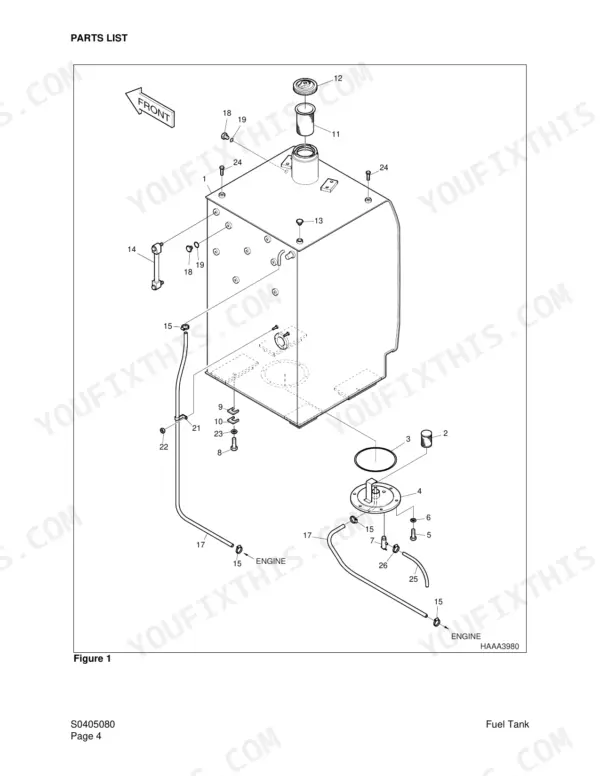 Daewoo Solar 170LC-V exploded view diagram of the fuel tank assembly, including hoses, cap, and mounting hardware.