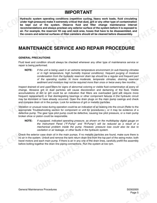 Daewoo Solar 75-V hydraulic system maintenance service and repair precautions.