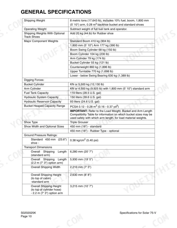 Daewoo Solar 75-V general specifications table including weights, capacities, and dimensions.