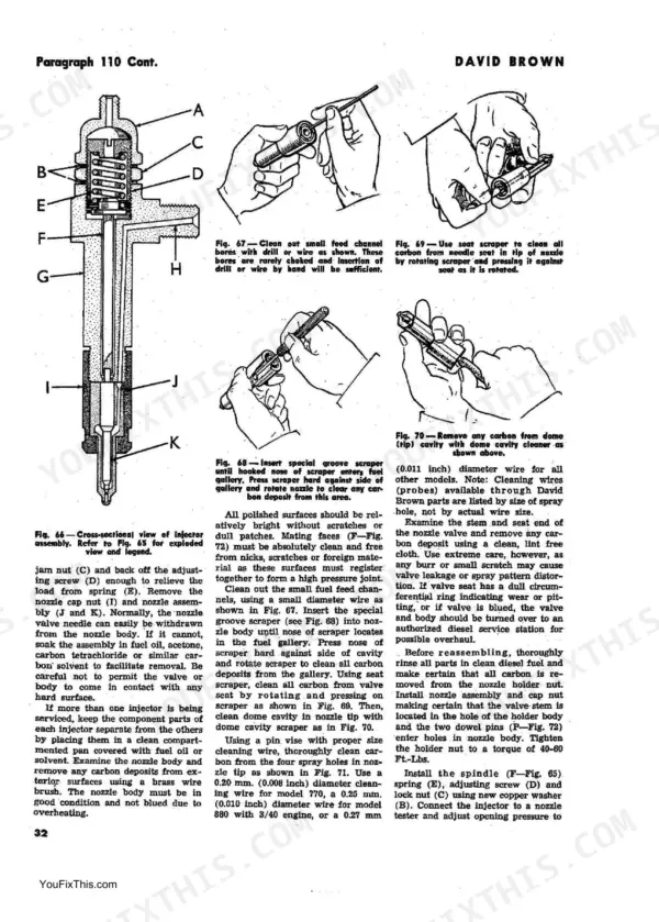 David Brown 770, 780, 880, 990, 1200, 3800, 4600 fuel injector assembly cross-section and cleaning procedures.