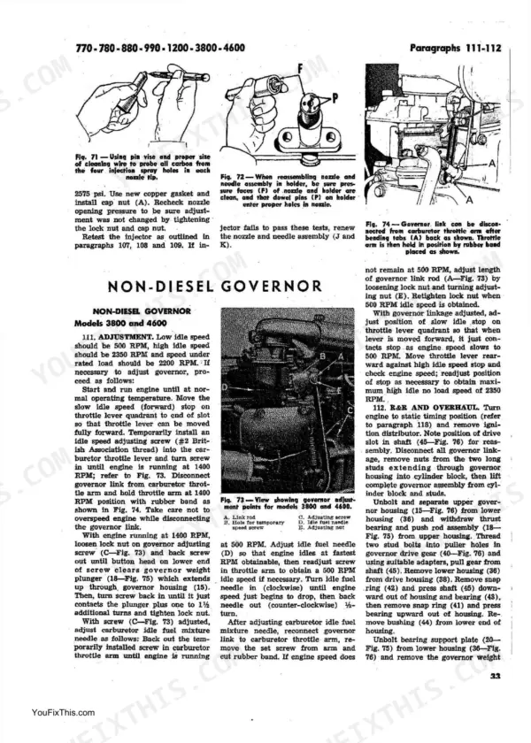 David Brown 770, 780, 880, 990, 1200, 3800, 4600 manual page showing non-diesel governor adjustment and overhaul procedures.