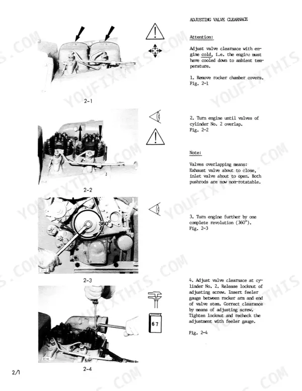 Deutz F1L 511, F1L 511 W, F2L 511, F2L 511 W, FL 511/W valve clearance adjustment procedure with rocker cover removal steps.