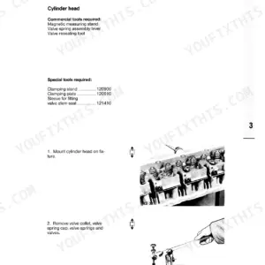 Deutz F2L 1011, F3L 1011, F4L 1011, BF4L 1011 T cylinder head repair tools and valve removal procedure steps.