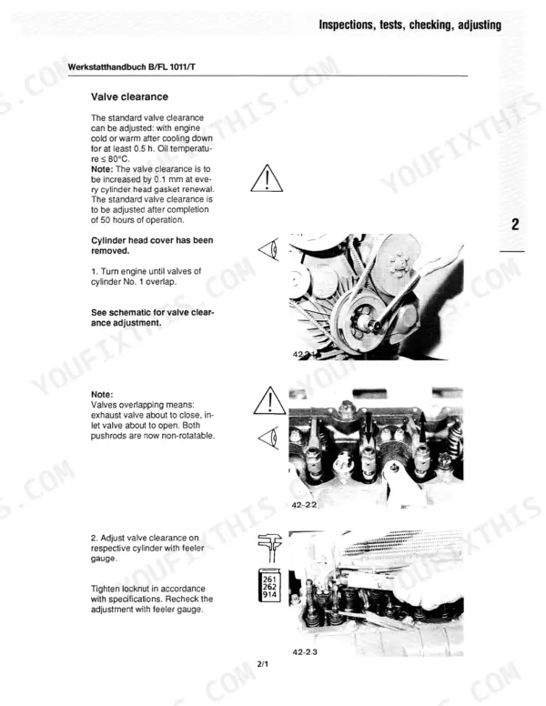 Deutz F2L 1011, F3L 1011, F4L 1011, BF4L 1011 T valve clearance adjustment procedure and engine inspection steps.