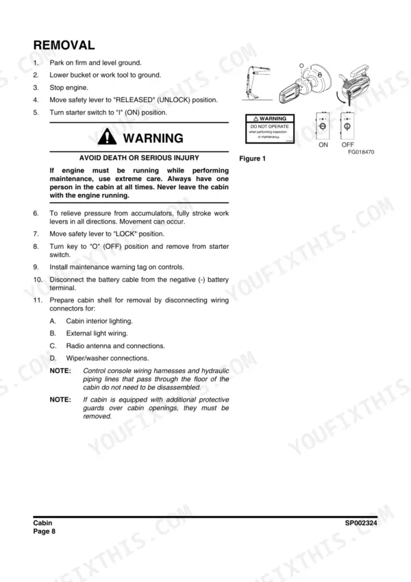 Doosan DX180LC-3 cabin removal procedure steps, safety warnings, and starter switch diagram.