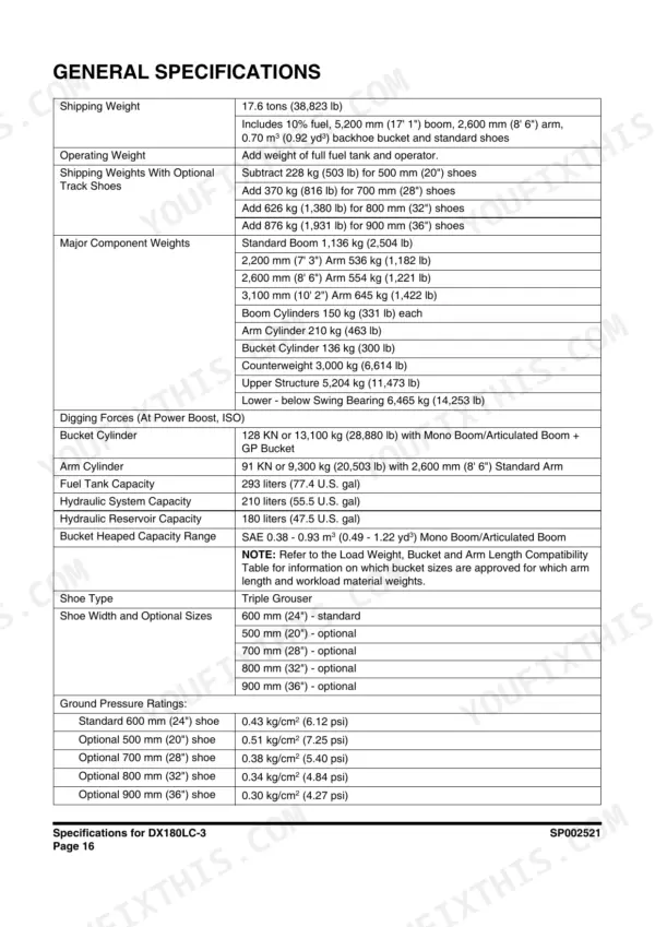 Doosan DX180LC-3 general specifications table listing weights, digging forces, capacities, and ground pressure ratings.