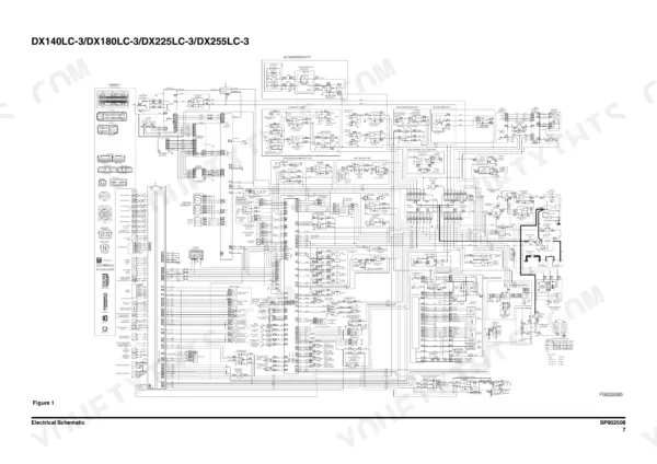 Doosan DX180LC-3 electrical schematic diagram showing wiring for engine sensors, lighting, and auxiliary components.