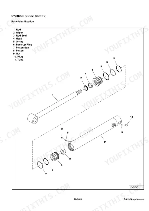 Doosan DX19 boom cylinder exploded view parts diagram with identification list for rod, seals, piston, and tube.