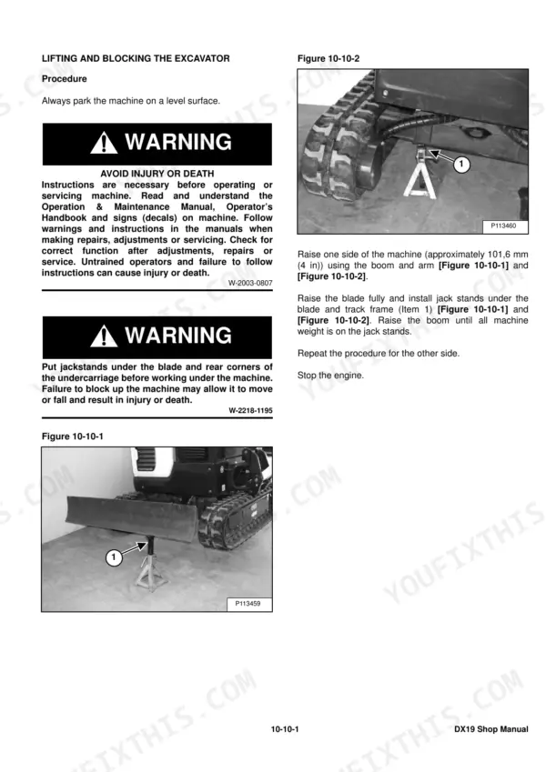 Doosan DX19 lifting and blocking procedure showing jack stand placement under the blade and track frame.