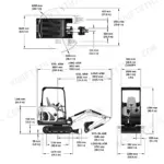 Doosan DX19 excavator machine dimensions diagram showing side, top, and rear views with standard and long arm specs.
