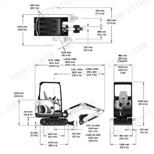 Doosan DX19 excavator machine dimensions diagram showing side, top, and rear views with standard and long arm specs.