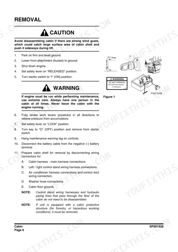 Doosan DX235LCR cabin removal procedure, safety warnings, and wiring harness disconnection steps.