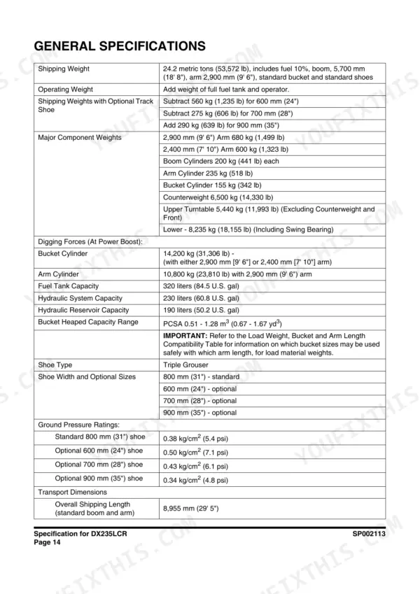 Doosan DX235LCR general specifications table including weights, digging forces, capacities, shoe sizes, and ground pressure.