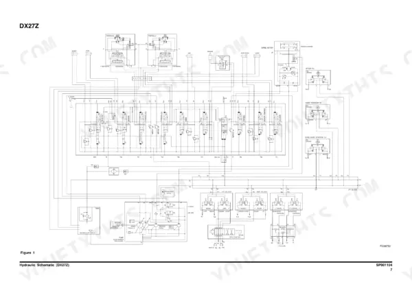 Doosan DX27Z, DX35Z hydraulic schematic diagram showing main control valve, pump, and actuator circuit connections.