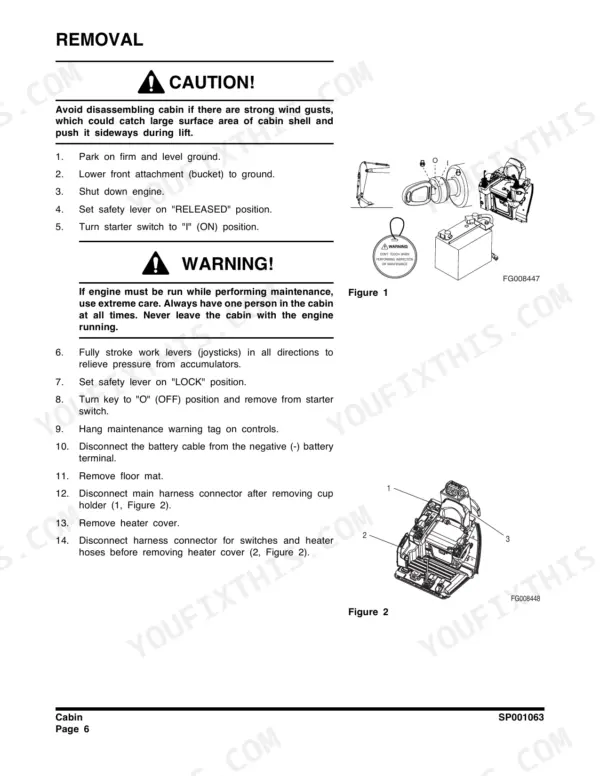 Doosan DX27Z, DX35Z cabin removal procedure steps, battery and harness connector diagrams.
