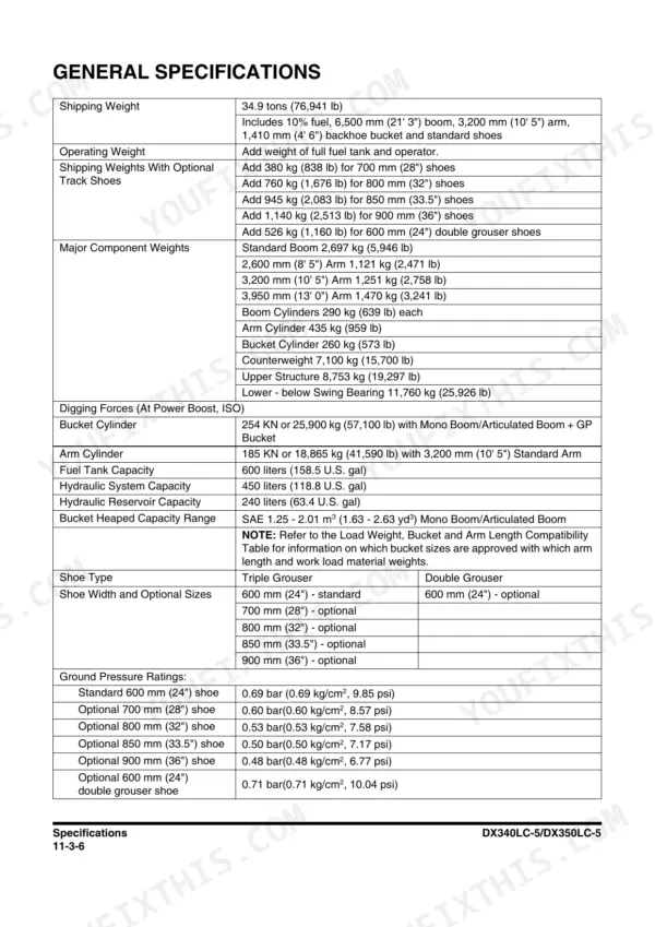Doosan DX340LC-5, DX350LC-5 general specifications table showing shipping weights, component weights, and ground pressure.