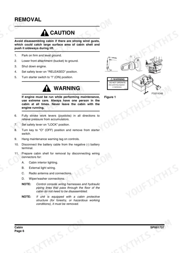 Doosan DX340LCA, DX300LCA cabin removal procedure steps, safety warnings, and control lever pressure relief diagram.
