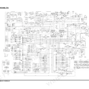 Doosan DX340LCA, DX300LCA electrical schematic showing wiring for lamps, fuel pump, heater, and engine control systems.