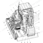 Doosan DX60R component locations diagram showing engine, hydraulic cylinders, and dozer blade assembly parts.