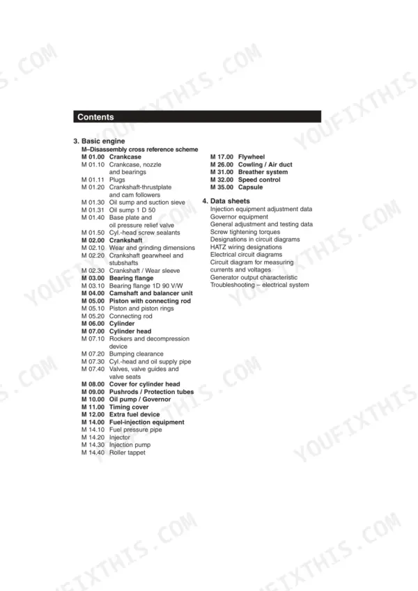 Hatz 1D30, 1D31, 1D40, 1D41, 1D50, 1D60, 1D80, 1D81, 1D90, A1D35, A1D40, A1D41 table of contents for basic engine and data sheets.