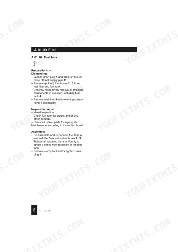 eccb45bb-b2-procedures-24 Hatz 1D30, 1D31, 1D40, 1D41, 1D50, 1D60, 1D80, 1D81, 1D90, A1D35, A1D40, A1D41 fuel tank dismantling, inspection, and assembly procedures.