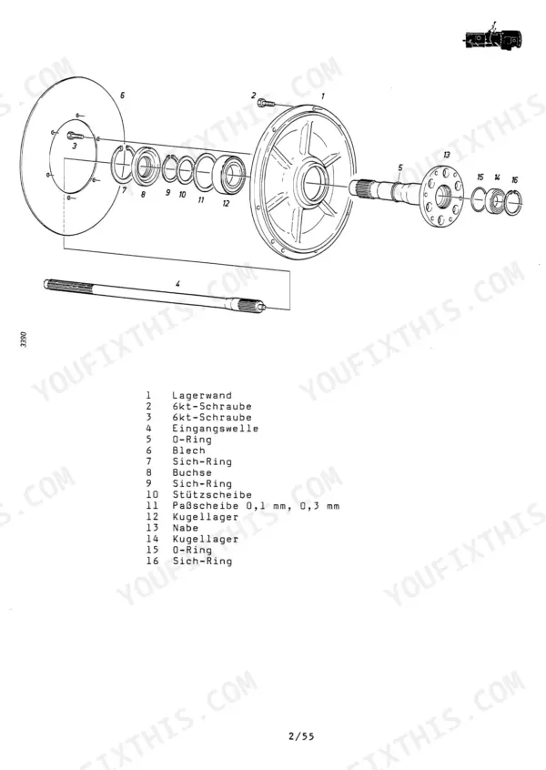 Fendt FAVORIT 611 LSA-615 LSA exploded view of input shaft, bearing wall, and hub components with parts list.