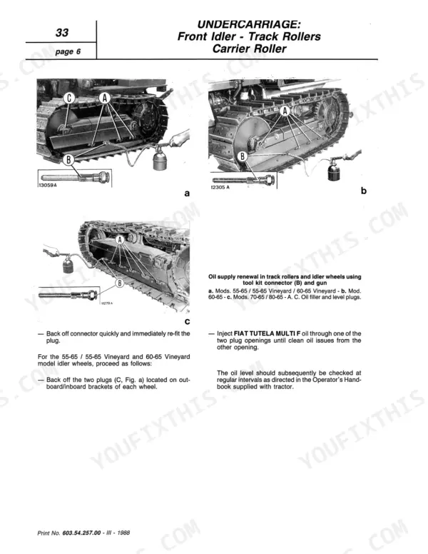 Fiat 55-65, 60-65, 70-65, 80-65, 465C, 565C, 665C, 765C undercarriage oil renewal procedure for track rollers and idler wheels.