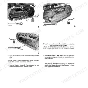 Fiat 55-65, 60-65, 70-65, 80-65, 465C, 565C, 665C, 765C undercarriage oil renewal procedure for track rollers and idler wheels.