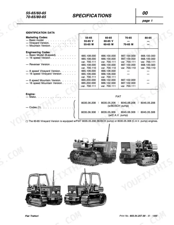 Fiat 55-65, 60-65, 70-65, 80-65, 465C, 565C, 665C, 765C identification data table, engineering codes, and engine model specifications.
