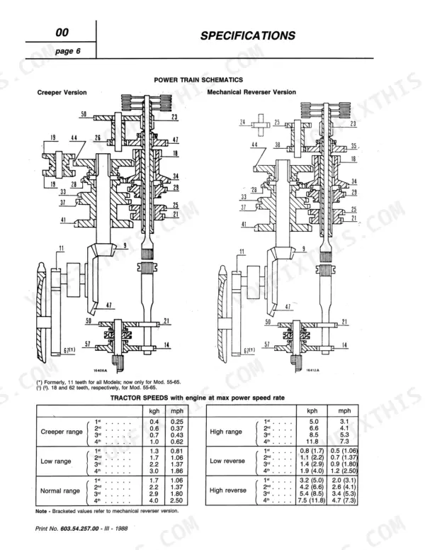 Fiat 55-65, 60-65, 70-65, 80-65, 465C, 565C, 665C, 765C power train schematics and tractor speed specifications table.