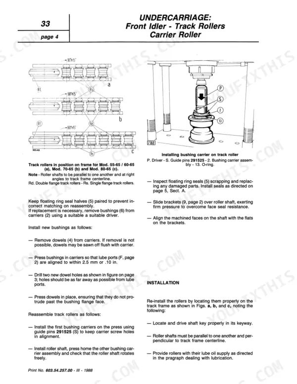 Fiat 55-65, 60-65, 70-65, 80-65, 465C, 565C, 665C, 765C undercarriage manual showing track roller installation and bushing carrier procedures.