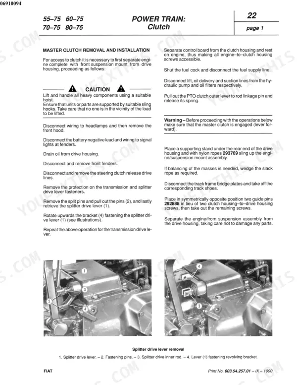 Fiat 55-75 to 765C master clutch removal and installation procedure, including splitter drive lever removal diagrams.