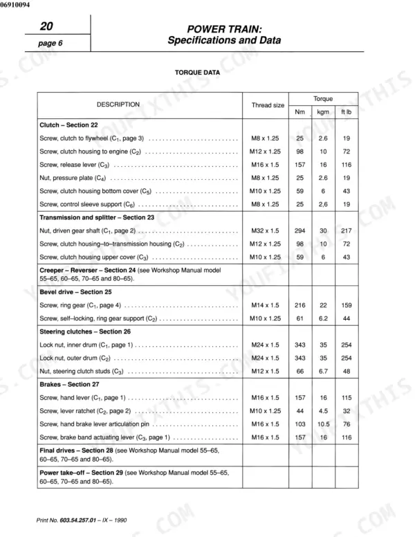 Fiat 55-75, 60-75, 70-75, 80-75, 55-65, 60-65, 70-65, 80-65, 465C, 565C, 665C, 765C power train torque specification table.