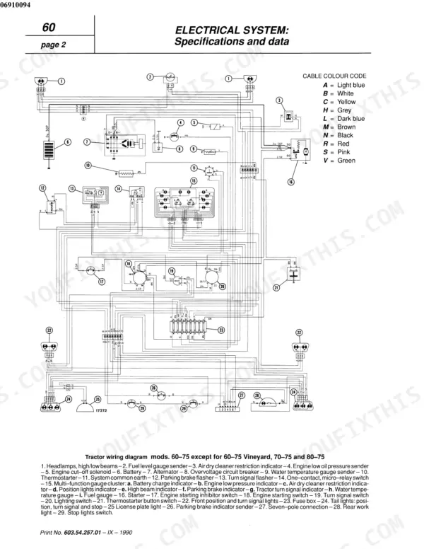 Fiat 55-75, 60-75, 70-75, 80-75, 55-65, 60-65, 70-65, 80-65, 465C, 565C, 665C, 765C electrical system wiring diagram.