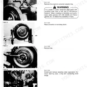 Fiat-hitachi FD 145 repair procedures for torque converter disassembly, hub removal, and connecting shaft flange maintenance.
