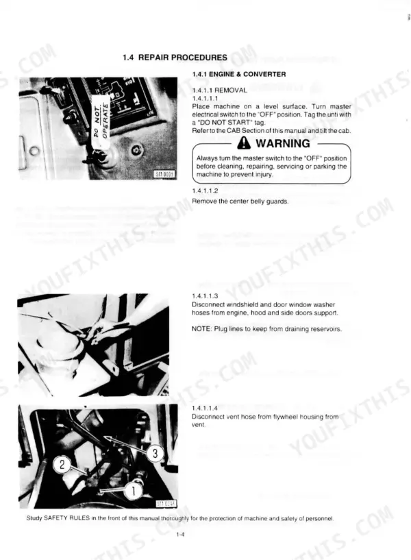 Fiat-hitachi FD 145 engine and converter removal repair procedures, including safety warnings and hose disconnection steps.