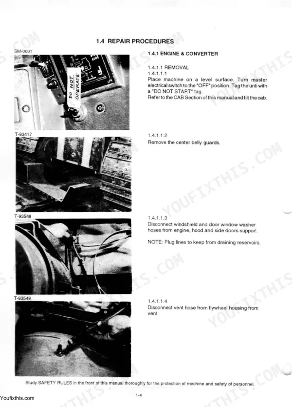 Fiat-Hitachi FD175 engine and converter removal procedure steps with photos of belly guards and hoses.