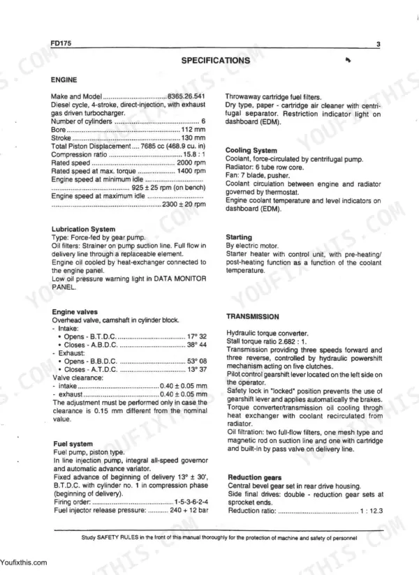 Fiat-Hitachi FD175 engine, transmission, and cooling system technical specifications table.